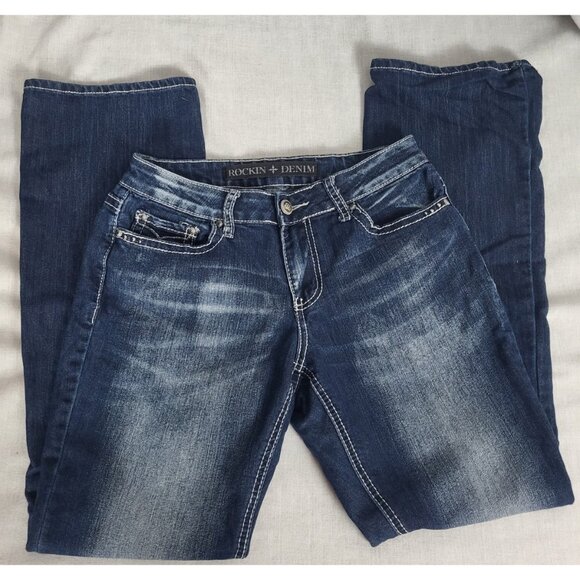 (2) Rockin Denim Jeans Womens (6) Bootcut Stretch Cowgirl Wing Embroidery Bling - Picture 4 of 15